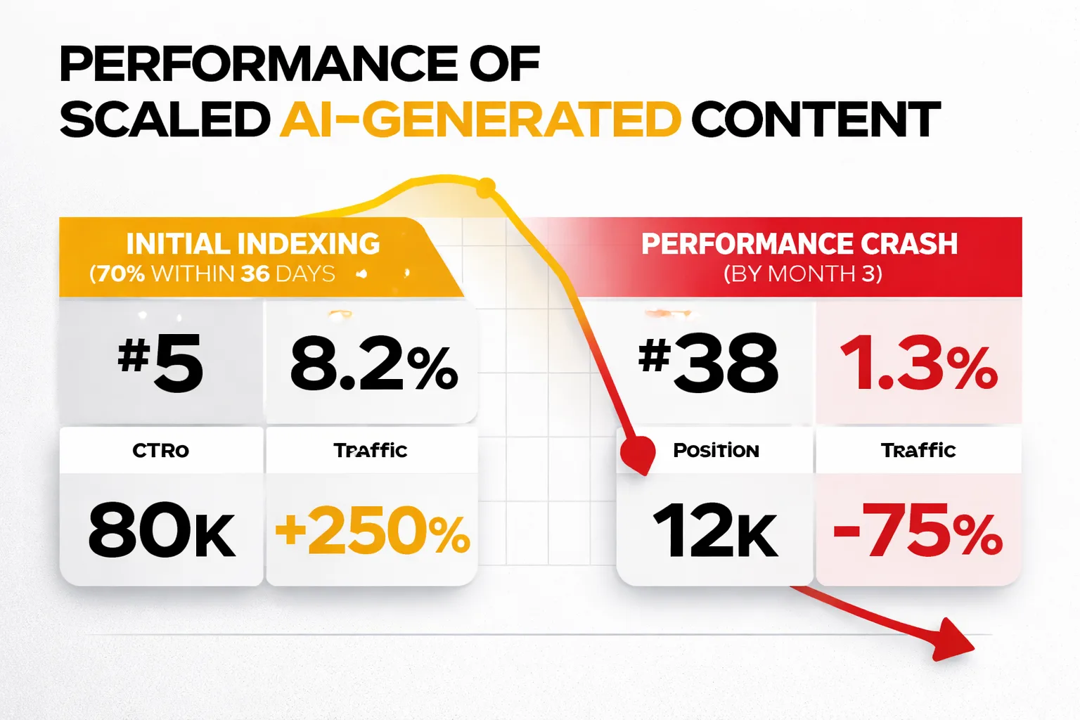 Scaled AI content failure pattern vs. quality-gated publishing