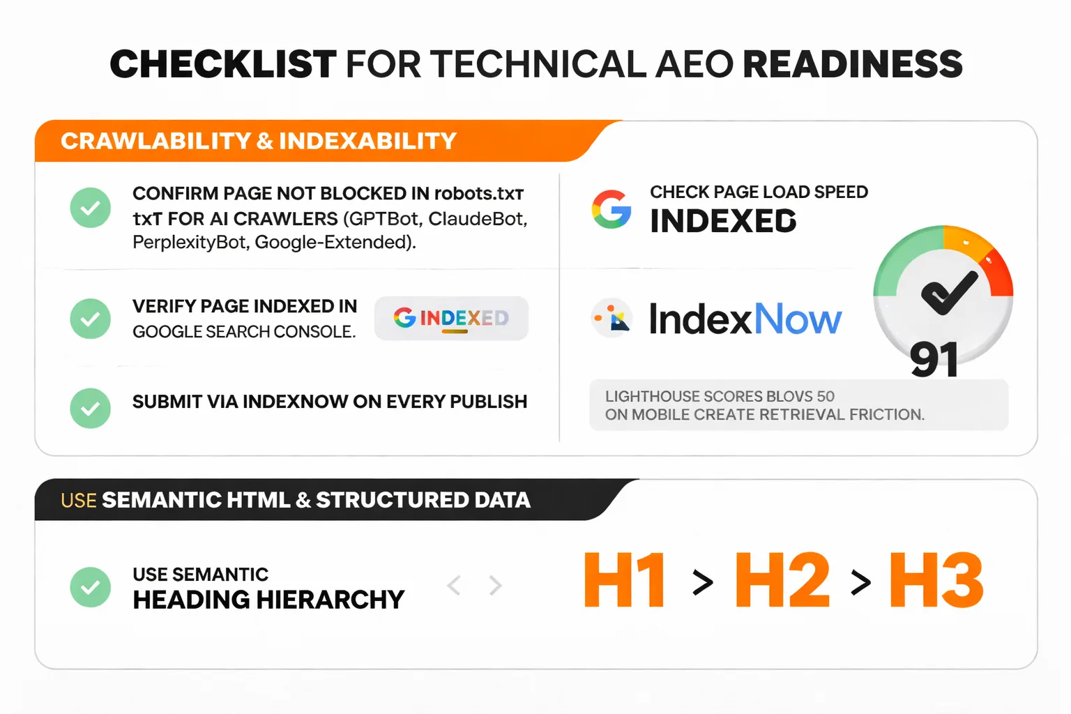 Technical AEO checklist across crawlability, schema, and entity signal categories