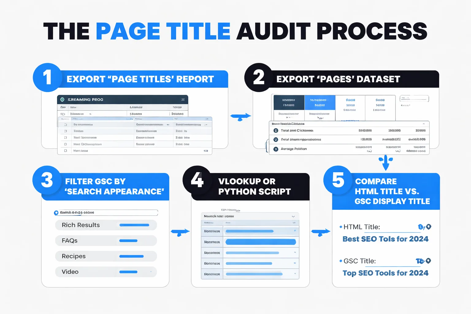  Step-by-step process diagram showing the title rewrite audit workflow: Step 1 Screaming Frog crawl export, Step 2 GSC data export, Step 3 Search Appearance filter, Step 4 URL cross-reference via VLOOKUP, Step 5 Sort by impressions and prioritize fixes — with icons for each stage