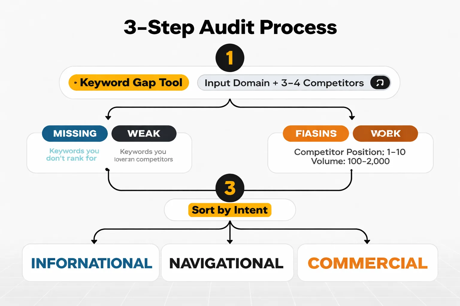  Flowchart showing the 5-step keyword gap audit process: Step 1 (Set up Semrush Gap tool with 3-4 competitors) → Step 2 (Apply KD 0-35, volume 100-2000, competitor position 1-10 filters) → Step 3 (Tag by search intent: informational/commercial/transactional) → Step 4 (SERP check for content format) → Step 5 (Cannibalization check via site search), with decision point at Step 5 asking 'Existing page?' leading to either 'Update existing' or 'Create new'