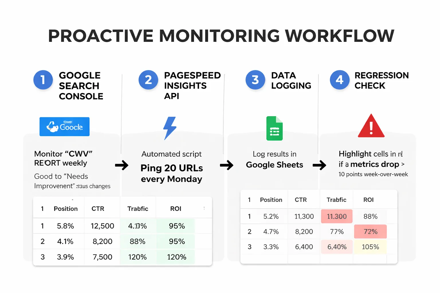  Flowchart showing the speed regression monitoring workflow, starting with Weekly GSC CWV Check, branching to either No Issues (continue) or Degradation Detected, then flowing through PSI API Score Pull, Deployment Log Cross-Reference, Root Cause Identification, and ending at Fix + Re-test with field data confirmation