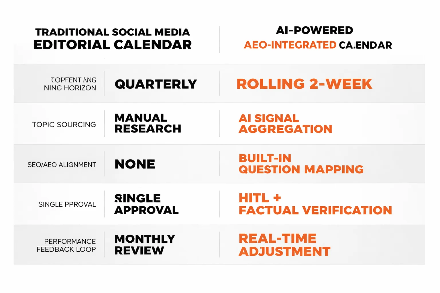  Side-by-side comparison of a traditional social media editorial calendar vs. an AI-powered AEO-integrated calendar, showing differences in: content planning horizon (quarterly vs. rolling 2-week), topic sourcing (manual research vs. AI signal aggregation), SEO/AEO alignment (none vs. built-in question mapping), review process (single approval vs. HITL with factual verification), and performance feedback loop (monthly review vs. real-time adjustment)