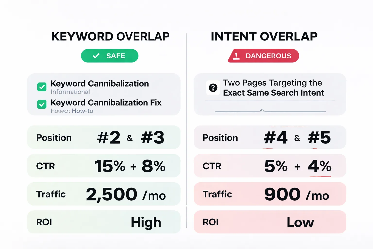  Side-by-side comparison infographic showing 'No Cannibalization' (one strong page with 100% link equity, high CTR, stable ranking) vs 'Cannibalization' (two competing pages each with 50% link equity, split CTR, volatile rankings) — with arrows showing how authority is diluted across both URLs