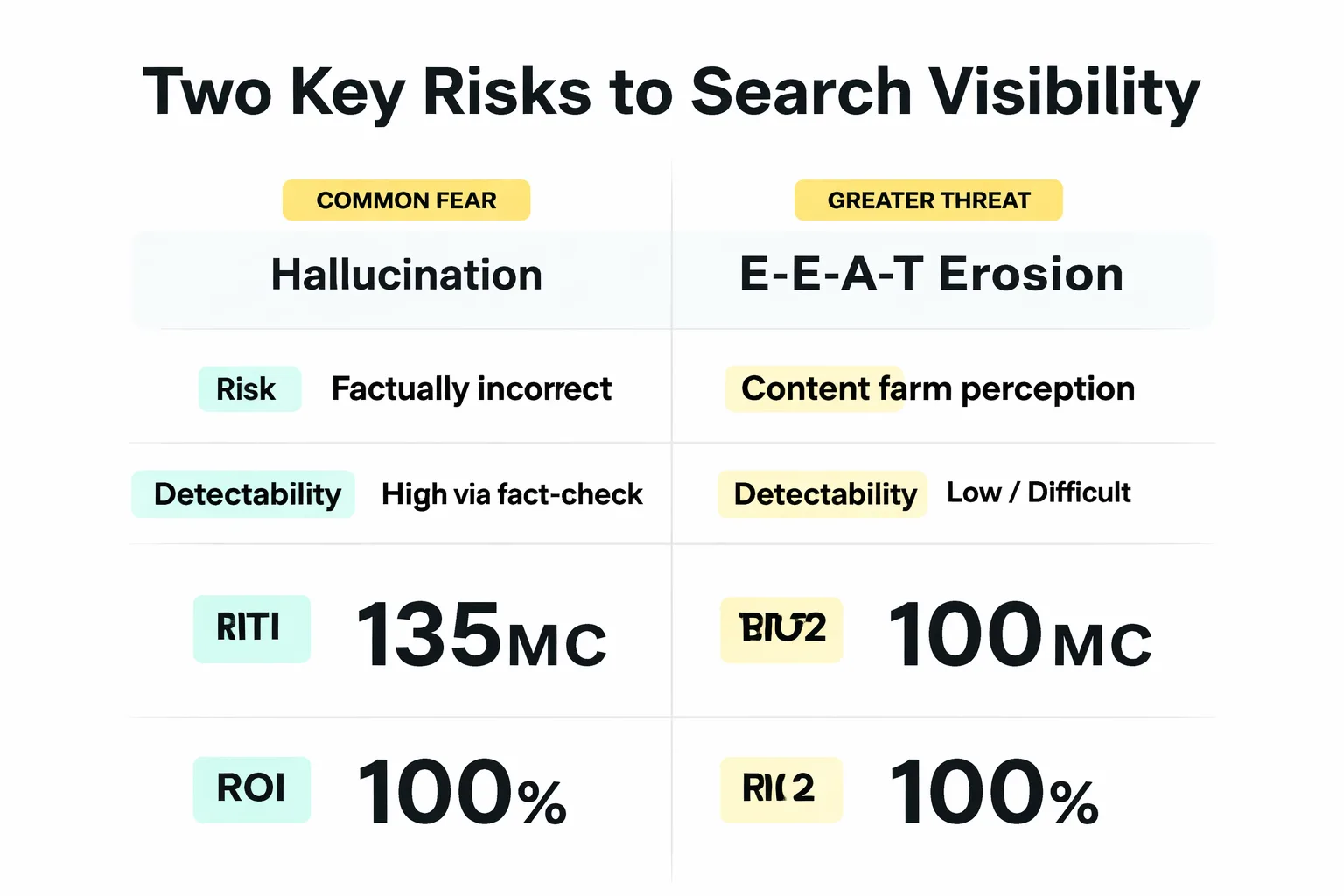  Checklist infographic titled 'E-E-A-T QA Checklist for Open-Source AI Content' with 6 items: 1. All statistics linked to named primary sources, 2. At least 2 first-person experience signals per article, 3. Zero generic expertise claims ('experts say', 'research suggests'), 4. All percentages and data points manually verified, 5. Author schema and Article schema implemented, 6. Tone reviewed for specific, opinionated voice — with checkboxes and brief descriptions for each item