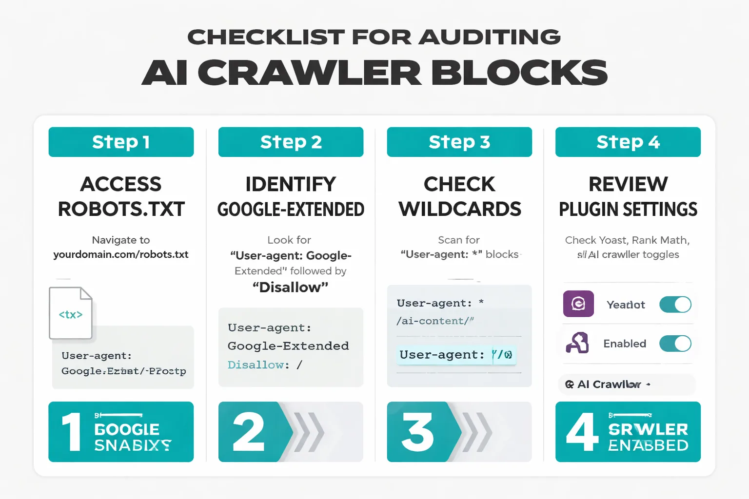  Flowchart decision matrix for Google-Extended blocking strategy: Start with "Is this content publicly accessible?" → Yes branch leads to "Does it contain proprietary data or client-identifiable information?" → No leads to "Allow Google-Extended" → Yes leads to "Block Google-Extended"; No branch from first question leads directly to "Block Google-Extended"; includes content type examples at each decision point