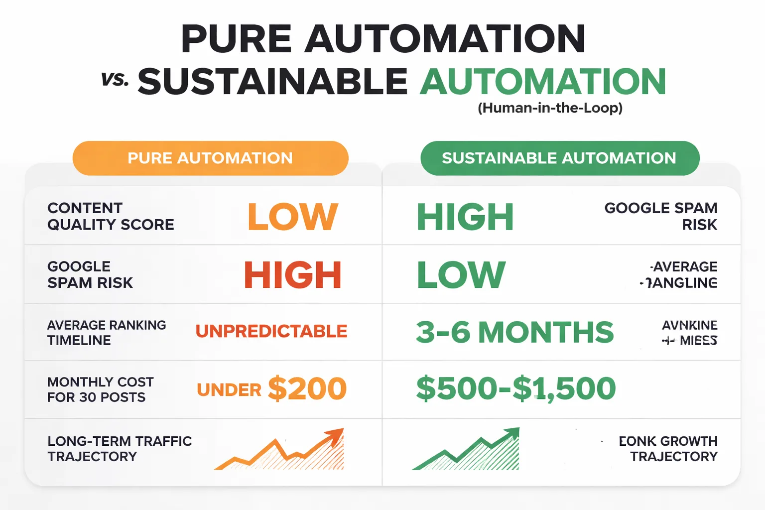  Side-by-side comparison of Pure Automation vs. Sustainable Automation (Human-in-the-Loop) showing differences in content quality score, Google spam risk level, average ranking timeline, monthly cost, and long-term traffic trajectory