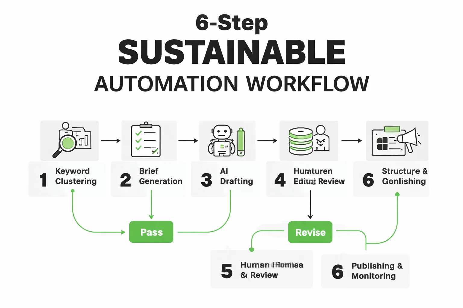  Flowchart showing the 6-step Sustainable Automation workflow — from keyword clustering through brief generation, AI drafting, human editorial review, structured data injection, and publishing/monitoring — with decision points at the editorial review and structured data stages