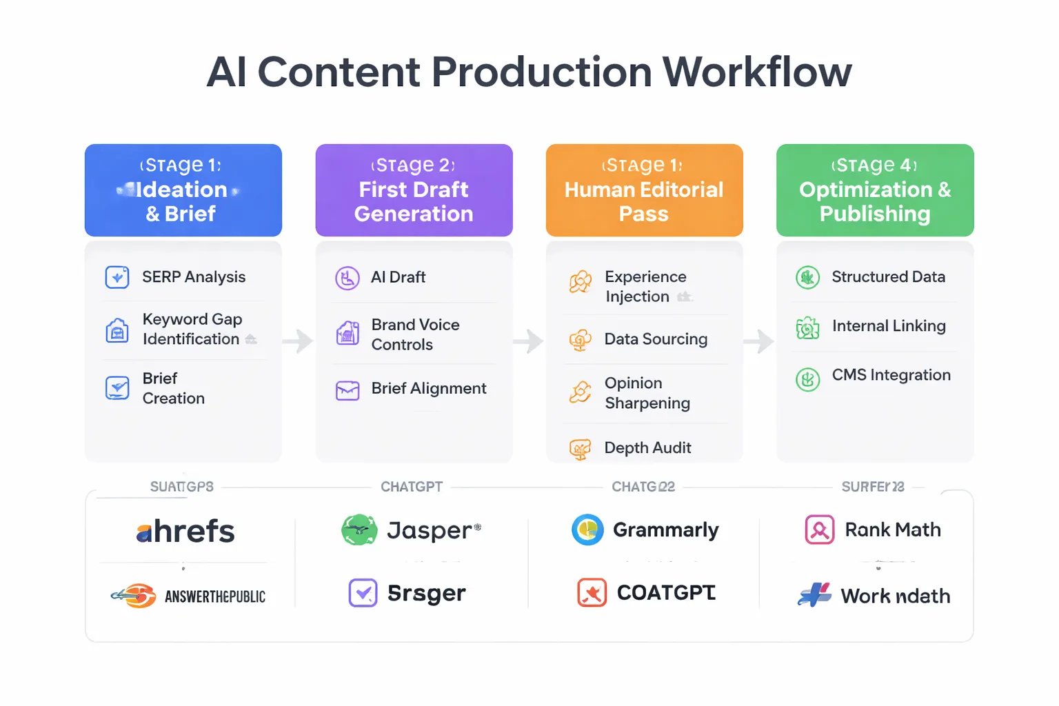  Flowchart showing the AI content production workflow across four stages: Stage 1 'Ideation & Brief' (SERP analysis, keyword gap identification, content brief creation) → Stage 2 'First Draft Generation' (AI draft with brand voice controls, brief alignment check) → Stage 3 'Human Editorial Pass' (experience injection, data sourcing, opinion sharpening, depth audit) → Stage 4 'Optimization & Publishing' (structured data formatting, internal linking, CMS integration), with tool type recommendations at each stage