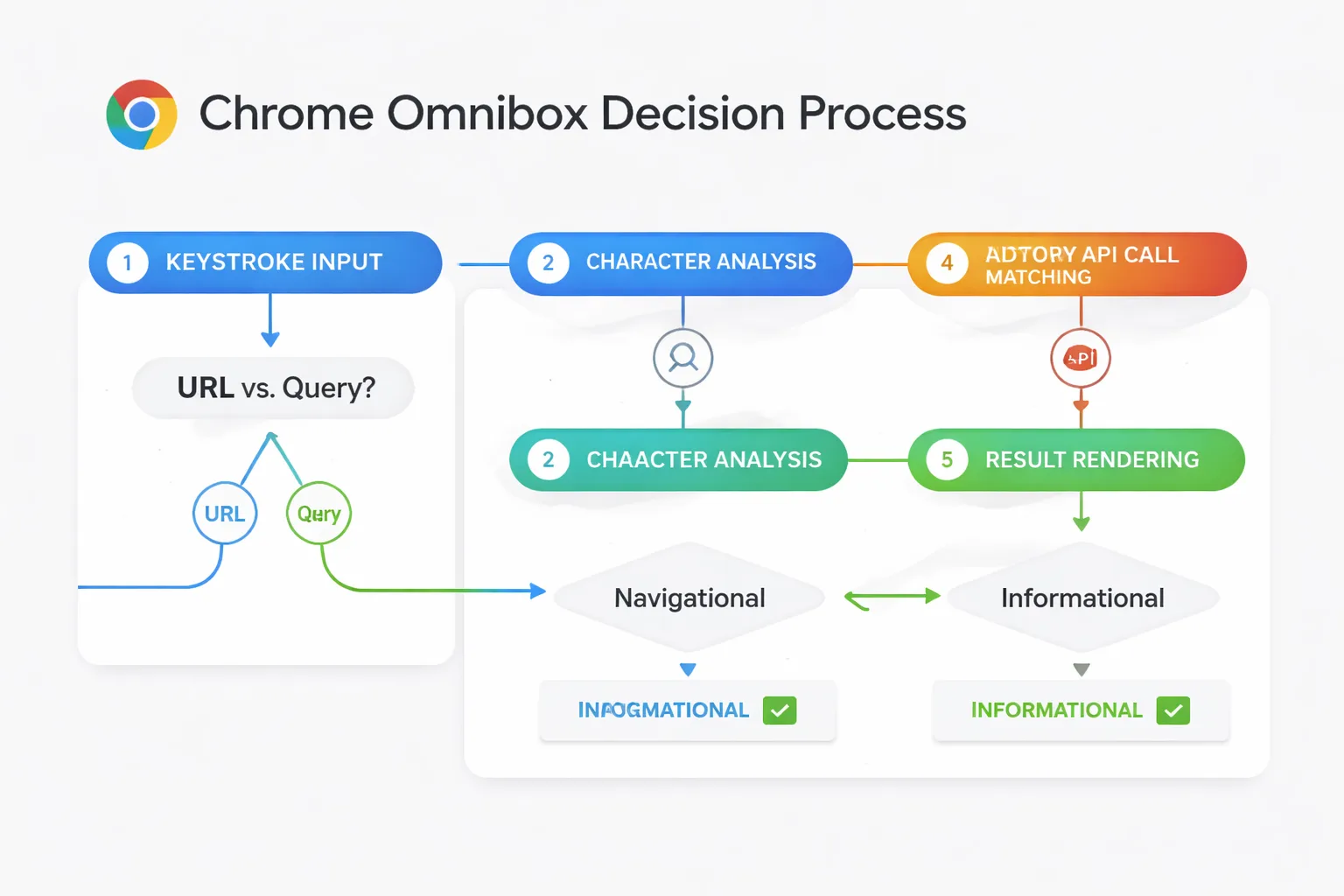  Flowchart showing the 5-step Chrome Omnibox decision process — from keystroke input through character analysis, history matching, autocomplete API call, intent classification, and final result rendering — with decision points at step 1 (URL vs. query?) and step 4 (navigational vs. informational intent)