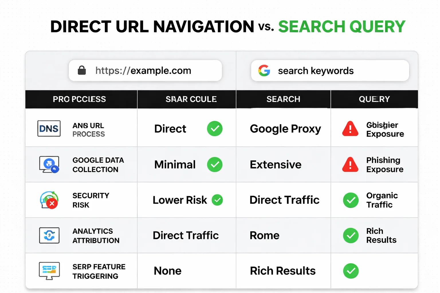  Side-by-side comparison infographic of Direct URL Navigation vs. Search Query — showing differences across 5 dimensions: DNS process, Google data collection, security risk (phishing exposure), analytics attribution (direct vs. organic), and SERP feature triggering