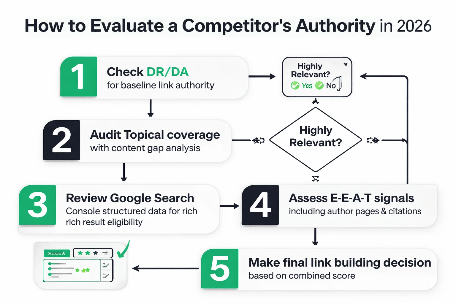  Flowchart showing how to evaluate a competitor's authority in 2026: Step 1 — Check DR/DA for baseline, Step 2 — Audit topical coverage with content gap analysis, Step 3 — Review Google Search Console structured data for rich result eligibility, Step 4 — Assess E-E-A-T signals (author pages, citations, first-hand experience), Step 5 — Make link building decision based on combined score
