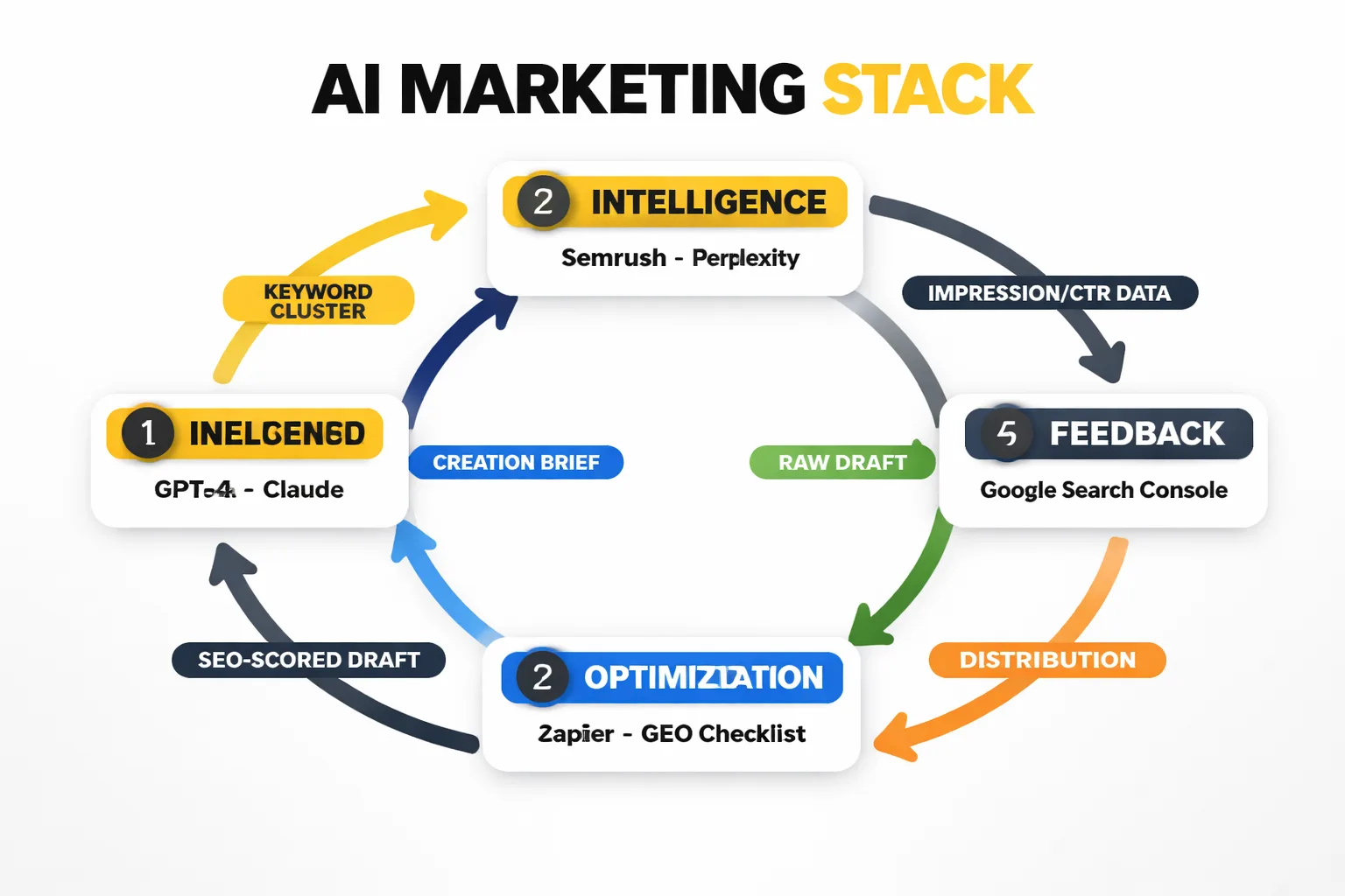  Process diagram showing the circular data flow of the AI marketing stack — Intelligence layer (Semrush/Perplexity) → Creation layer (GPT-4o/Claude) → Optimization layer (Schema/GEO checklist) → Distribution layer (Zapier/Buffer) → Feedback layer (Google Search Console) → back to Intelligence, with arrows showing data type passed between each stage