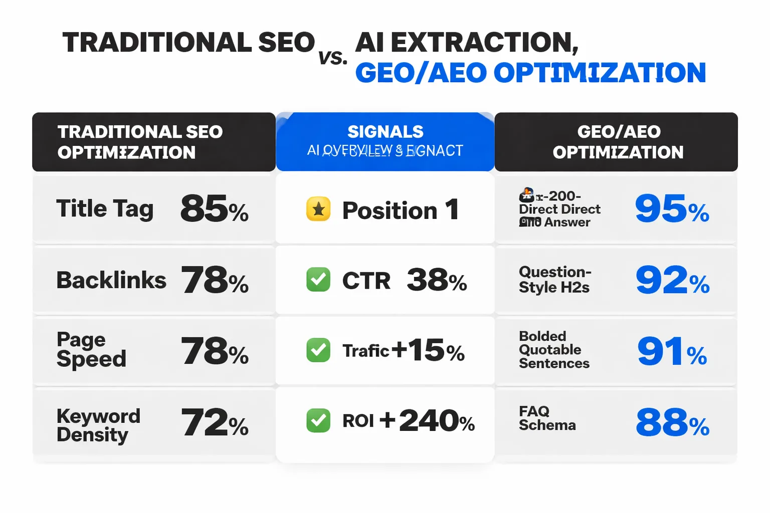  Comparison infographic — Traditional SEO optimization checklist (title tag, backlinks, page speed, keyword density) on the left vs. GEO/AEO optimization checklist (first-200-word direct answer, question-style H2s, bolded quotable sentences, FAQ schema, structured data markup) on the right, with a center column showing which signals AI Overviews and Perplexity actually extract