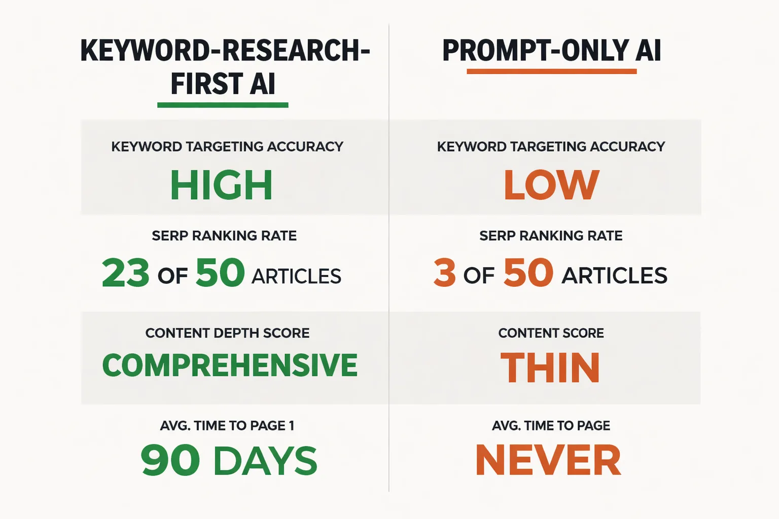  Side-by-side comparison of a keyword-research-first AI workflow vs. a prompt-only AI workflow, showing differences in keyword targeting accuracy, SERP ranking rate, content depth, and time to page 1
