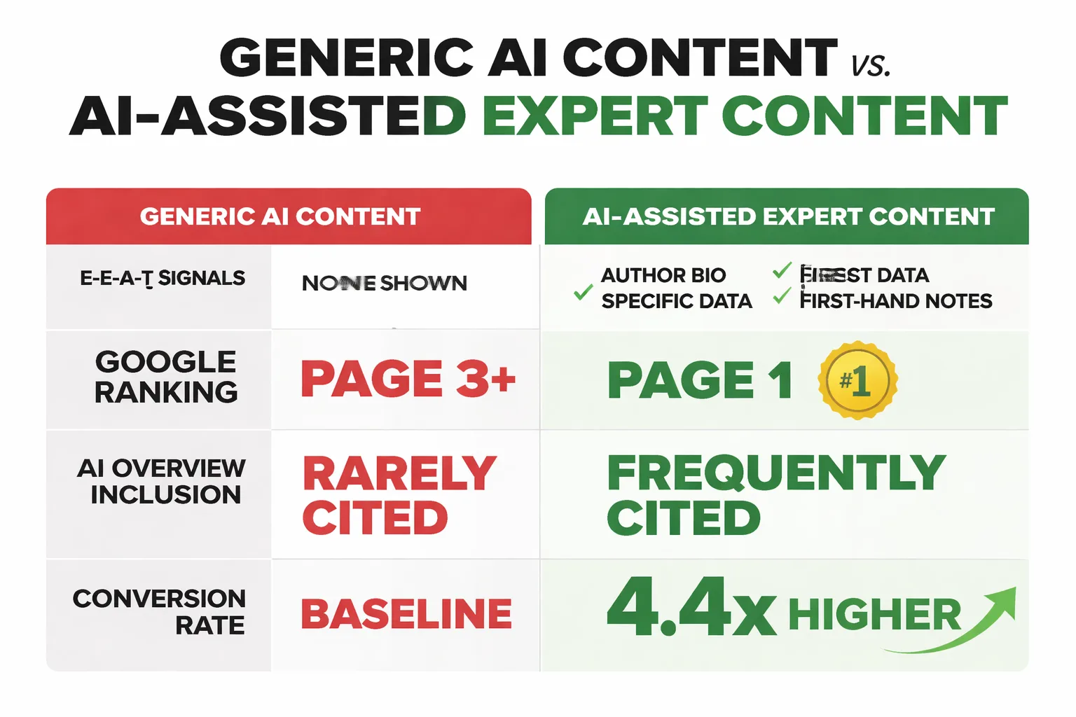  Side-by-side comparison of Generic AI Content vs AI-Assisted Expert Content showing differences in E-E-A-T signals (first-hand experience, specific data, author credentials), Google ranking outcomes, AI Overview inclusion rate, and conversion rate from organic traffic