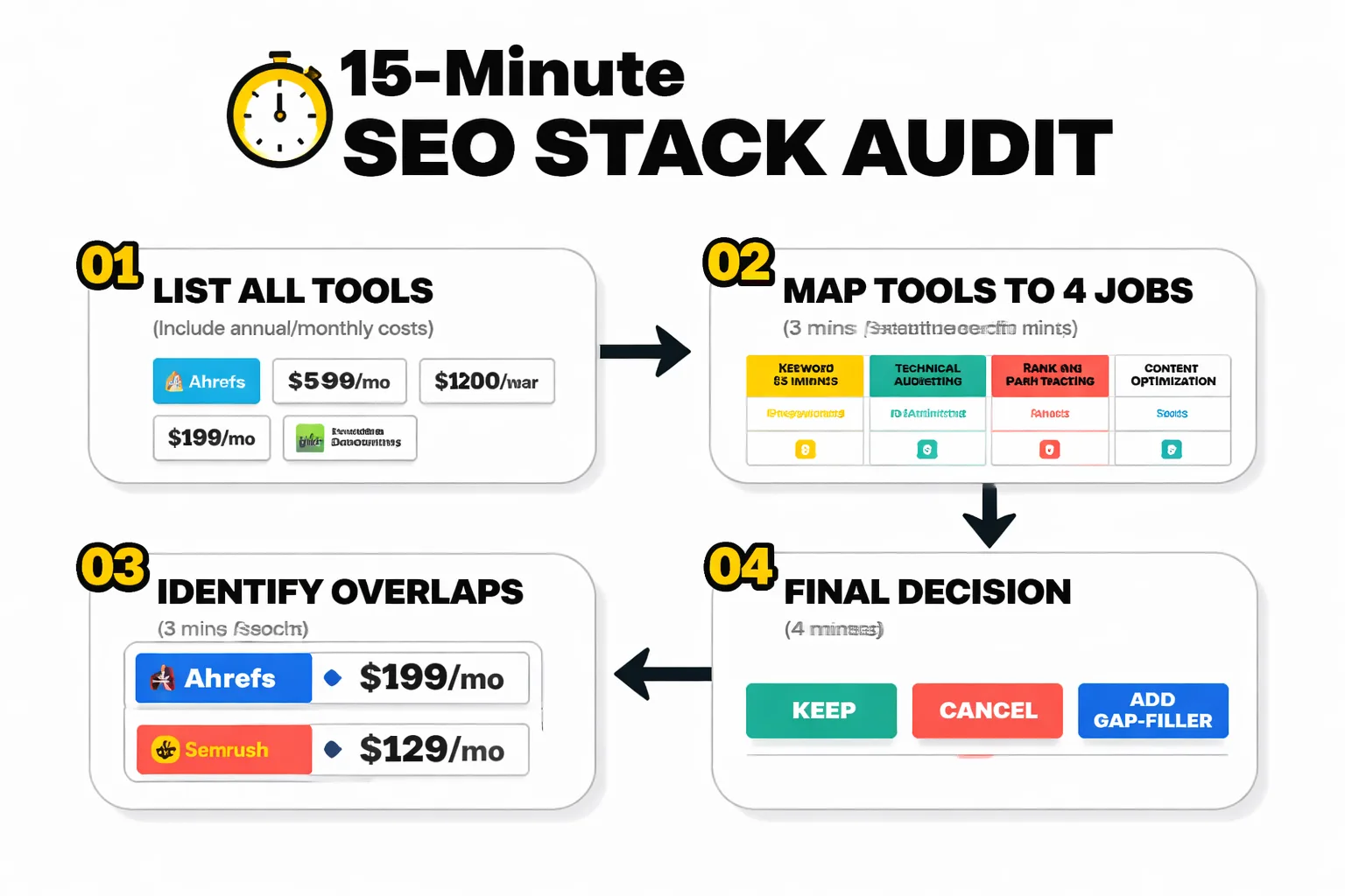  Side-by-side comparison of Solo Operator vs Content Team vs Agency SEO tool stacks, showing differences in tool count, monthly cost, key features needed (API access, white-label, collaboration), and recommended platforms for each