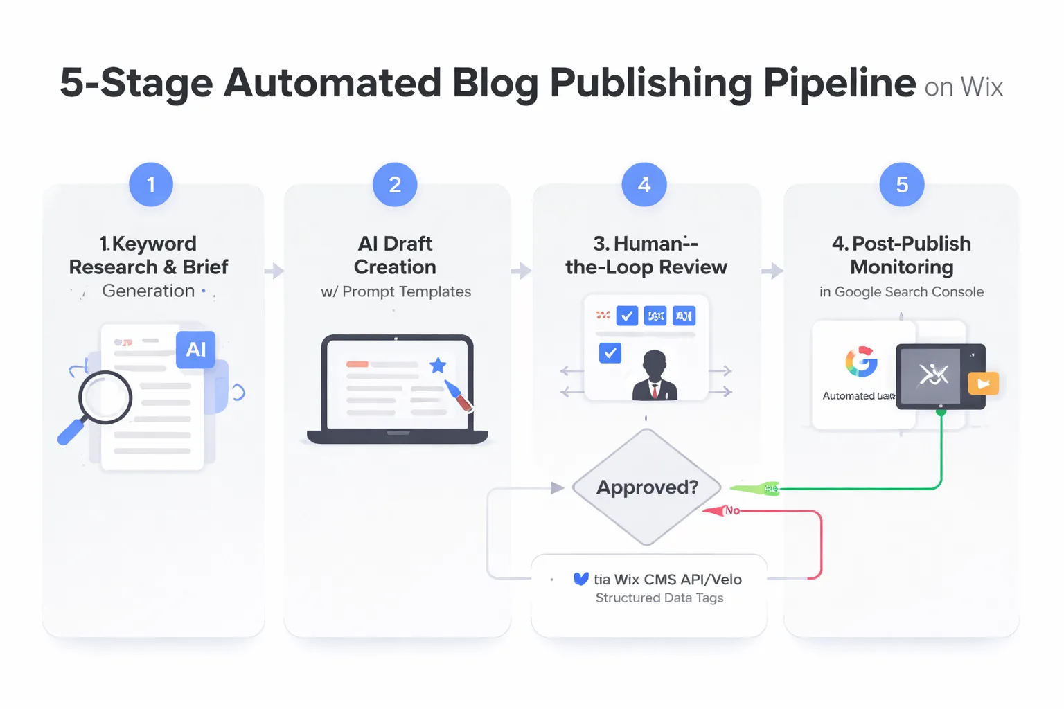 The five-stage automated publishing pipeline for Wix blogs