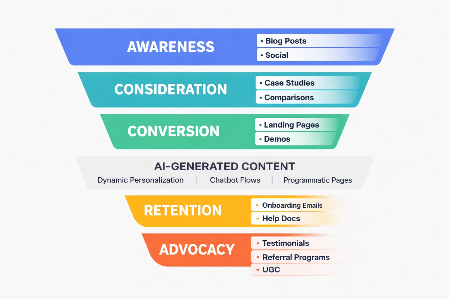 The six functional categories of marketing content, mapped to funnel stage