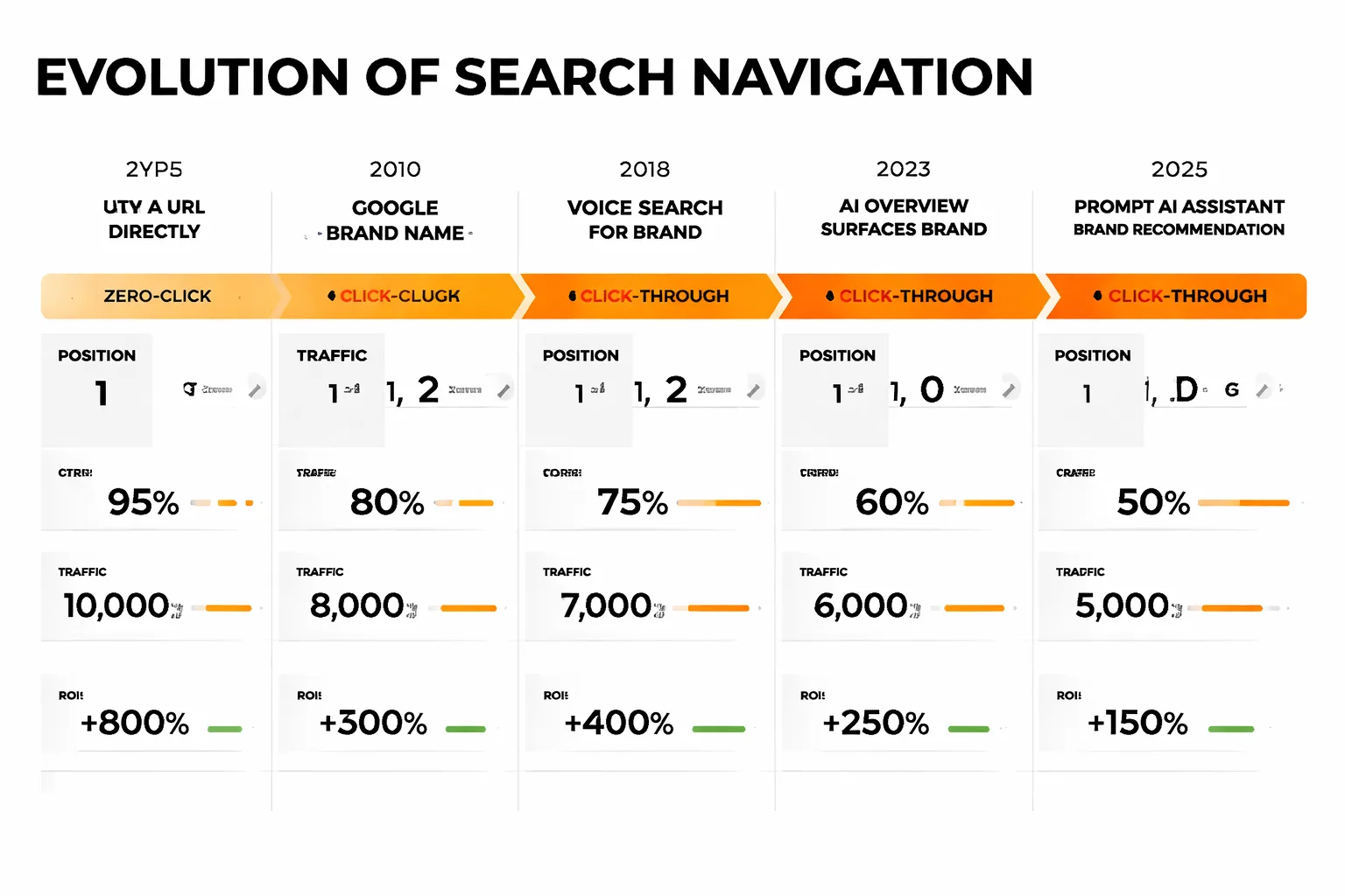  Flowchart showing the evolution of search navigation from 'Type a URL directly' (2005) through 'Google brand name' (2010), 'Voice search for brand' (2018), 'AI Overview surfaces brand' (2023), to 'Prompt AI assistant for brand recommendation' (2025), with branching paths at each stage showing zero-click vs. click-through outcomes