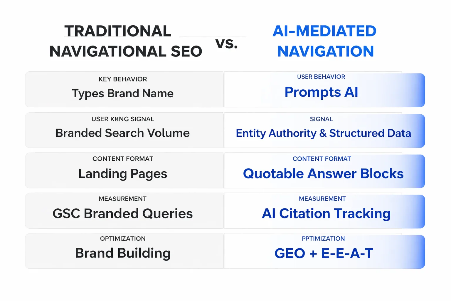  Side-by-side comparison of Traditional Navigational SEO vs. AI-Mediated Navigation showing differences in: user behavior (types brand name vs. prompts AI), ranking signal (branded search volume vs. entity authority/structured data), content format (landing pages vs. quotable answer blocks), measurement (GSC branded queries vs. AI citation tracking), and optimization approach (brand building vs. GEO + E-E-A-T)