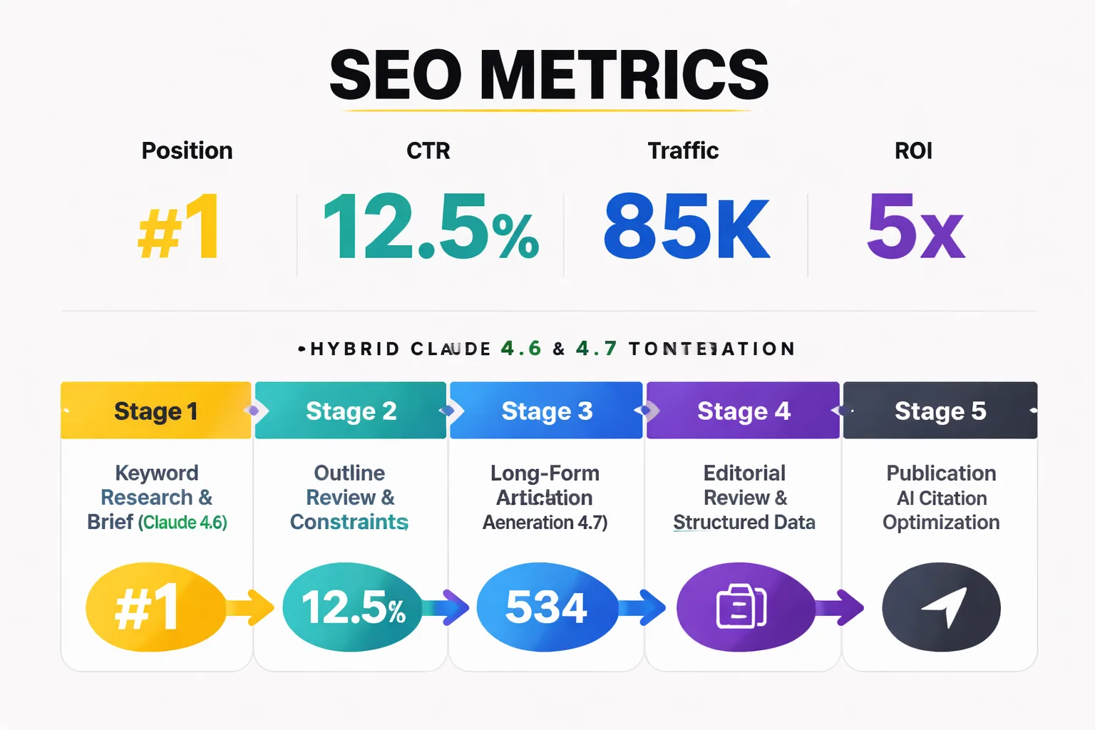  Process diagram showing the hybrid Claude 4.6 and 4.7 workflow for SEO content production — Stage 1 (keyword research and brief building using 4.6 for speed), Stage 2 (outline review and constraint specification), Stage 3 (long-form article generation using 4.7 for coherence), Stage 4 (editorial review and structured data markup), Stage 5 (publication and AI citation optimization)