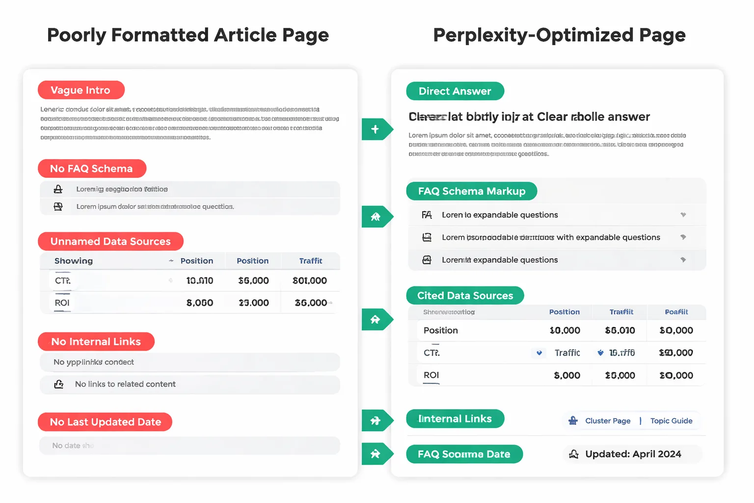 Unoptimized vs. Perplexity-ready page structure, side by side