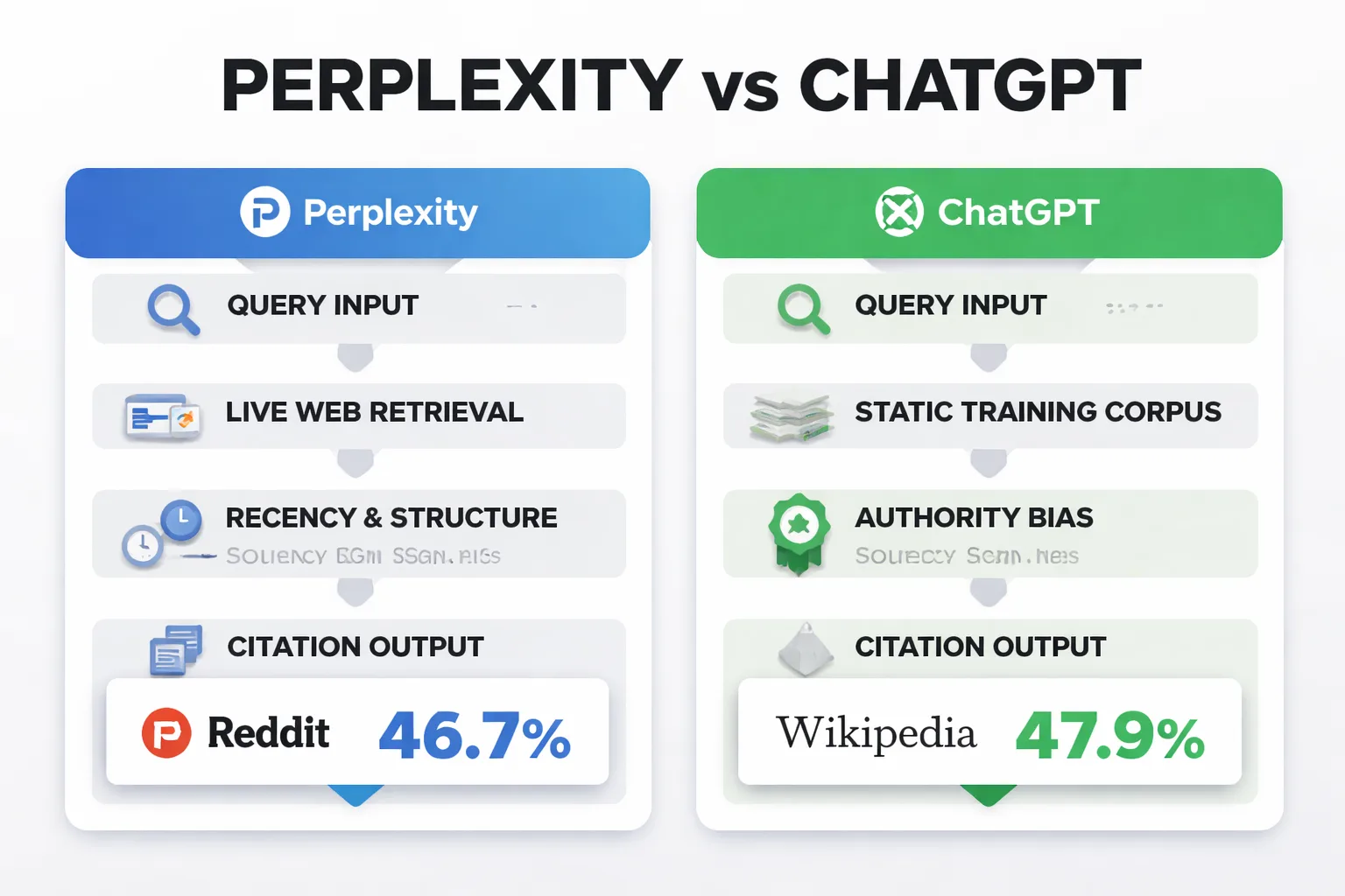 Perplexity retrieves live; ChatGPT synthesizes from memory