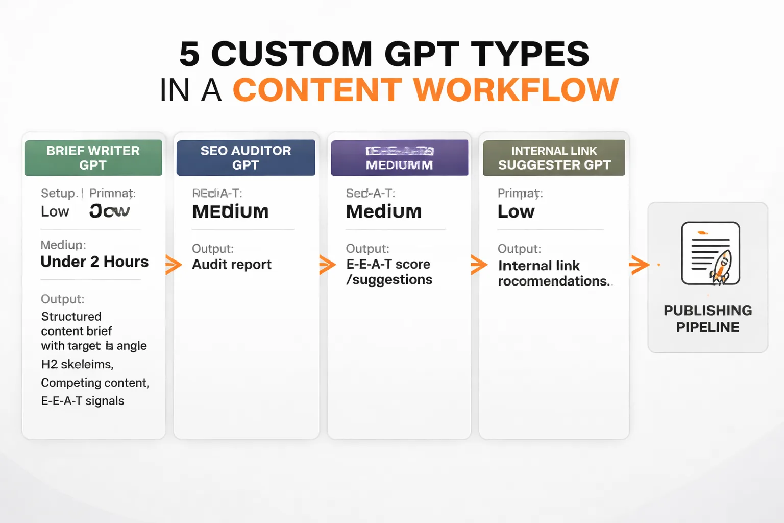 Five GPT types mapped to content workflow stages and setup complexity