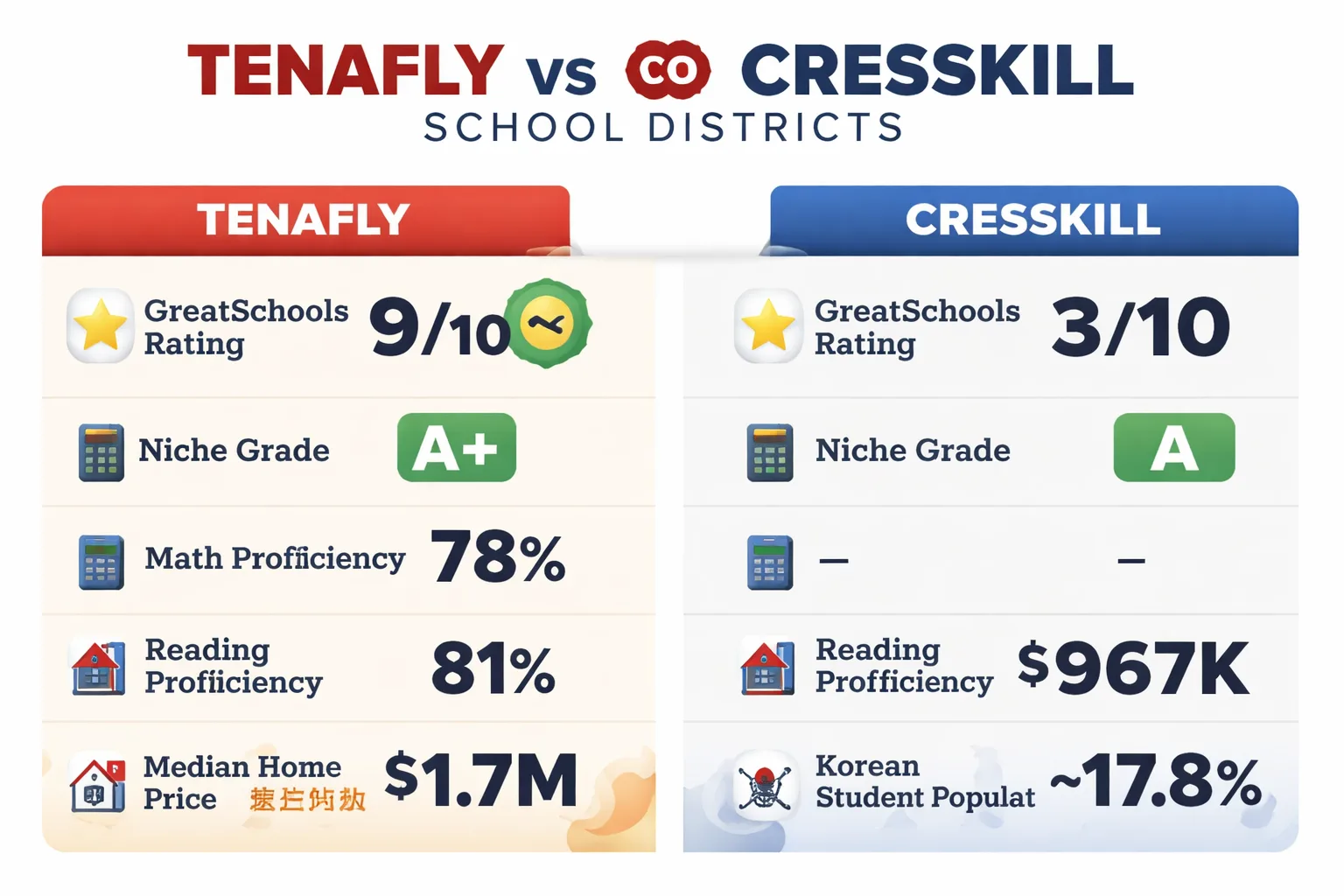 Tenafly与Cresskill学区及房价核心指标对比
