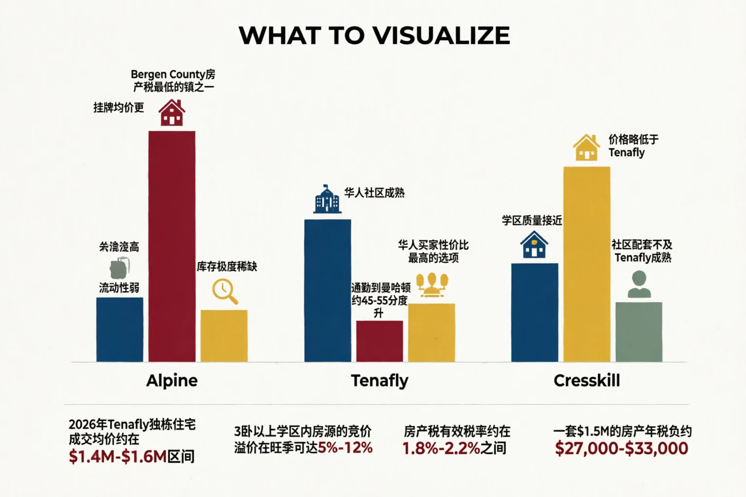 2026年Tenafly、Alpine、Cresskill三镇核心数据对比