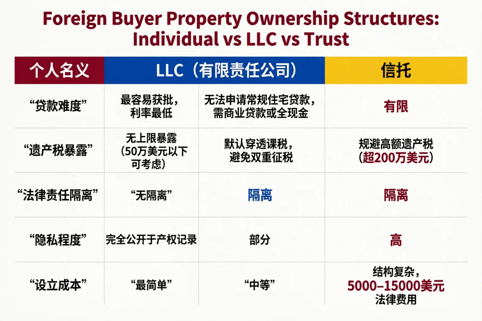 Comparison infographic showing three property ownership structures for foreign buyers: Individual Name vs LLC vs Trust, with rows comparing tax exposure estate tax threshold $60K vs protected vs protected, liability protection none vs isolated vs isolated, mortgage access conventional loans available vs commercial only vs limited, privacy level public record vs partial vs high, setup cost $0 vs $500-2000 vs $5000-15000, and best use case primary residence under $500K vs rental/investment vs high-value assets with inheritance needs