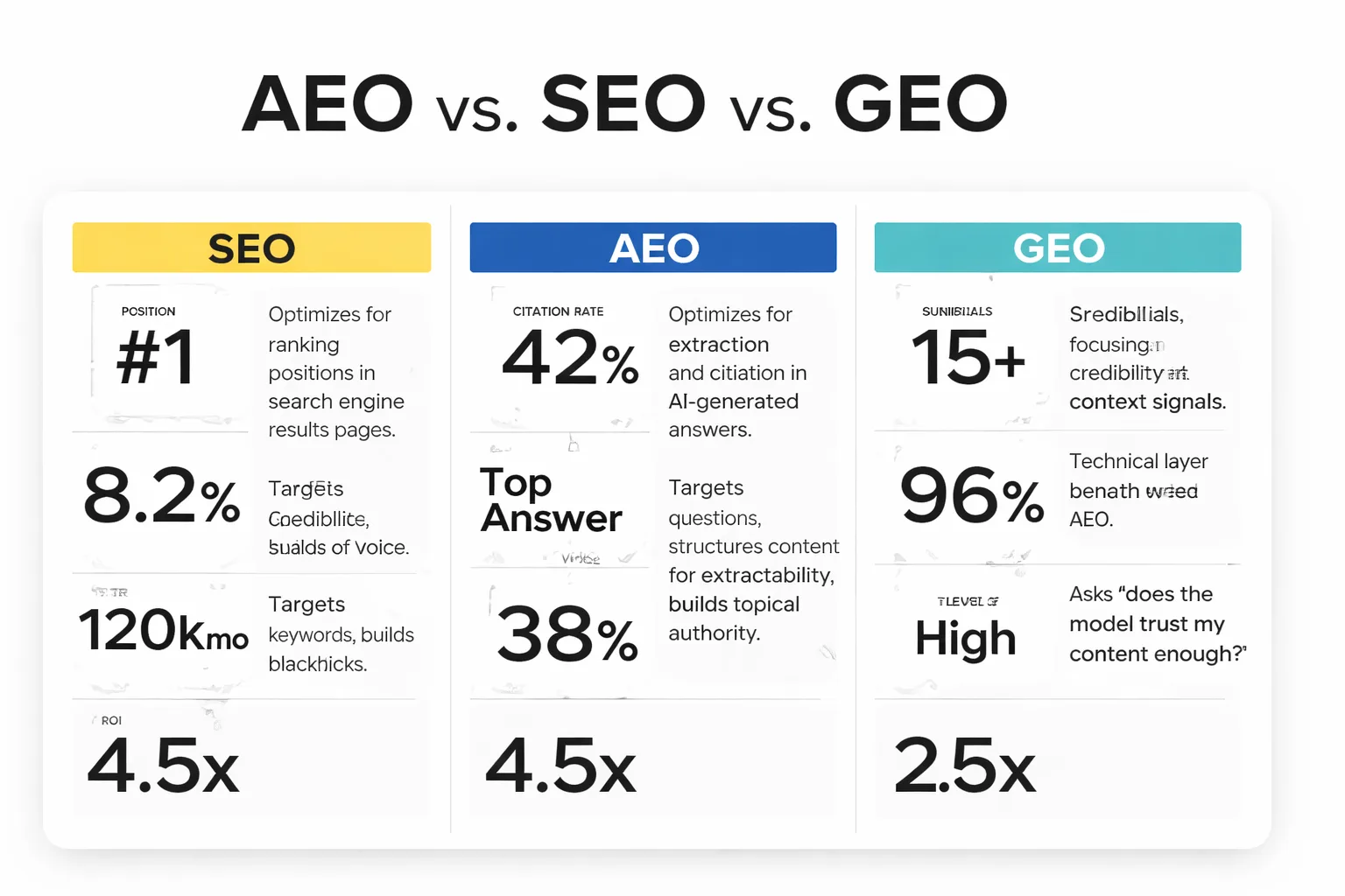 SEO vs. AEO vs. GEO: optimization targets and key signals