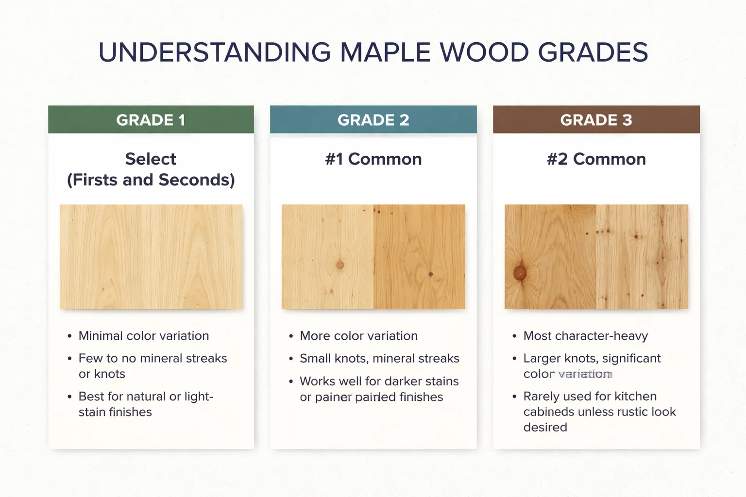 Maple wood grade comparison: Select vs #1 Common vs #2 Common