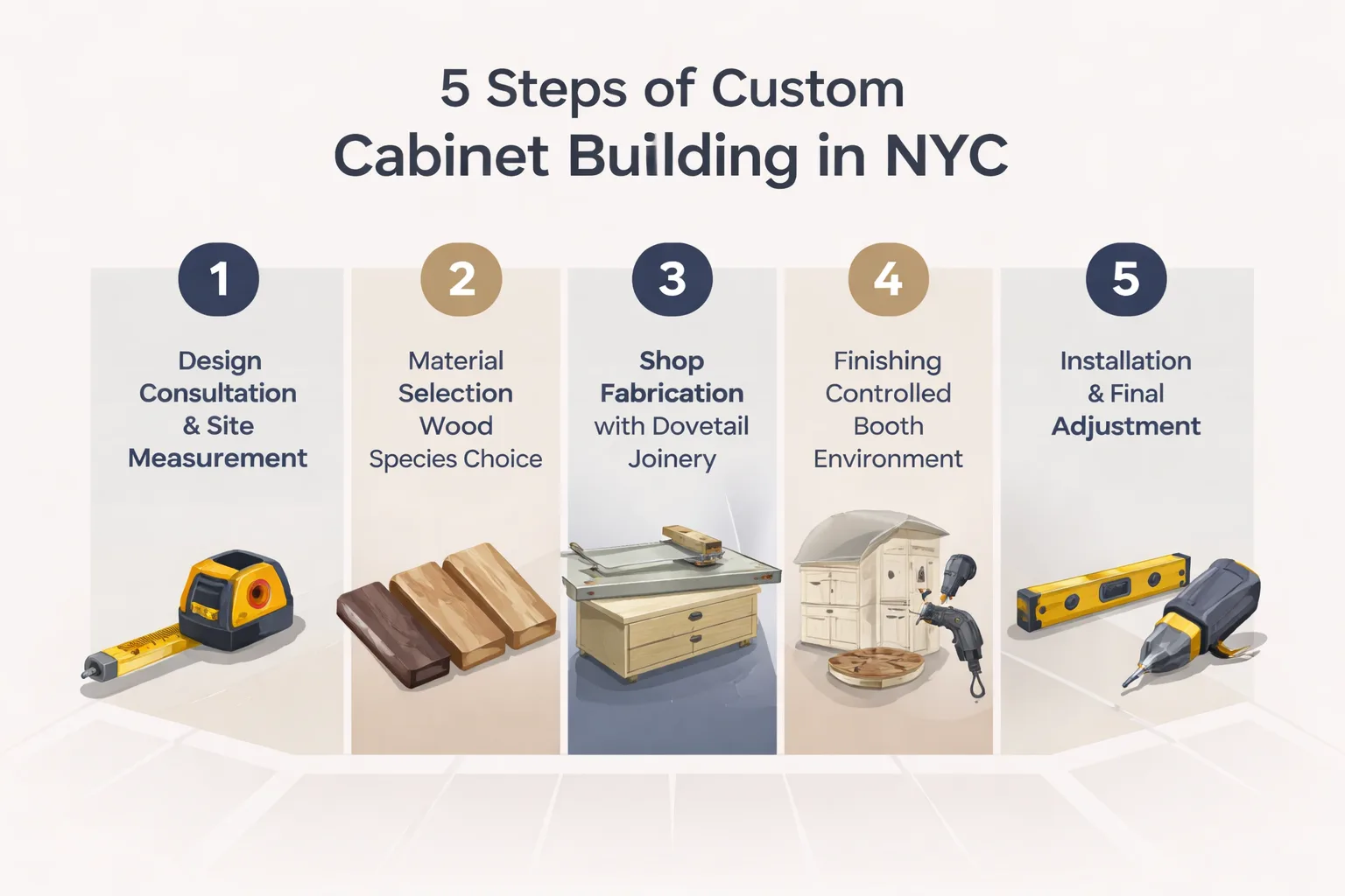 Five-step custom cabinet build process from design to installation