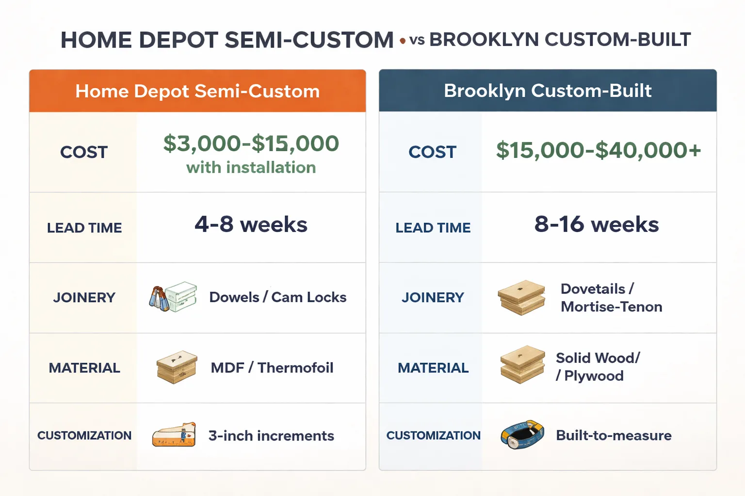 Home Depot semi-custom vs. Brooklyn custom: cost, timeline, quality