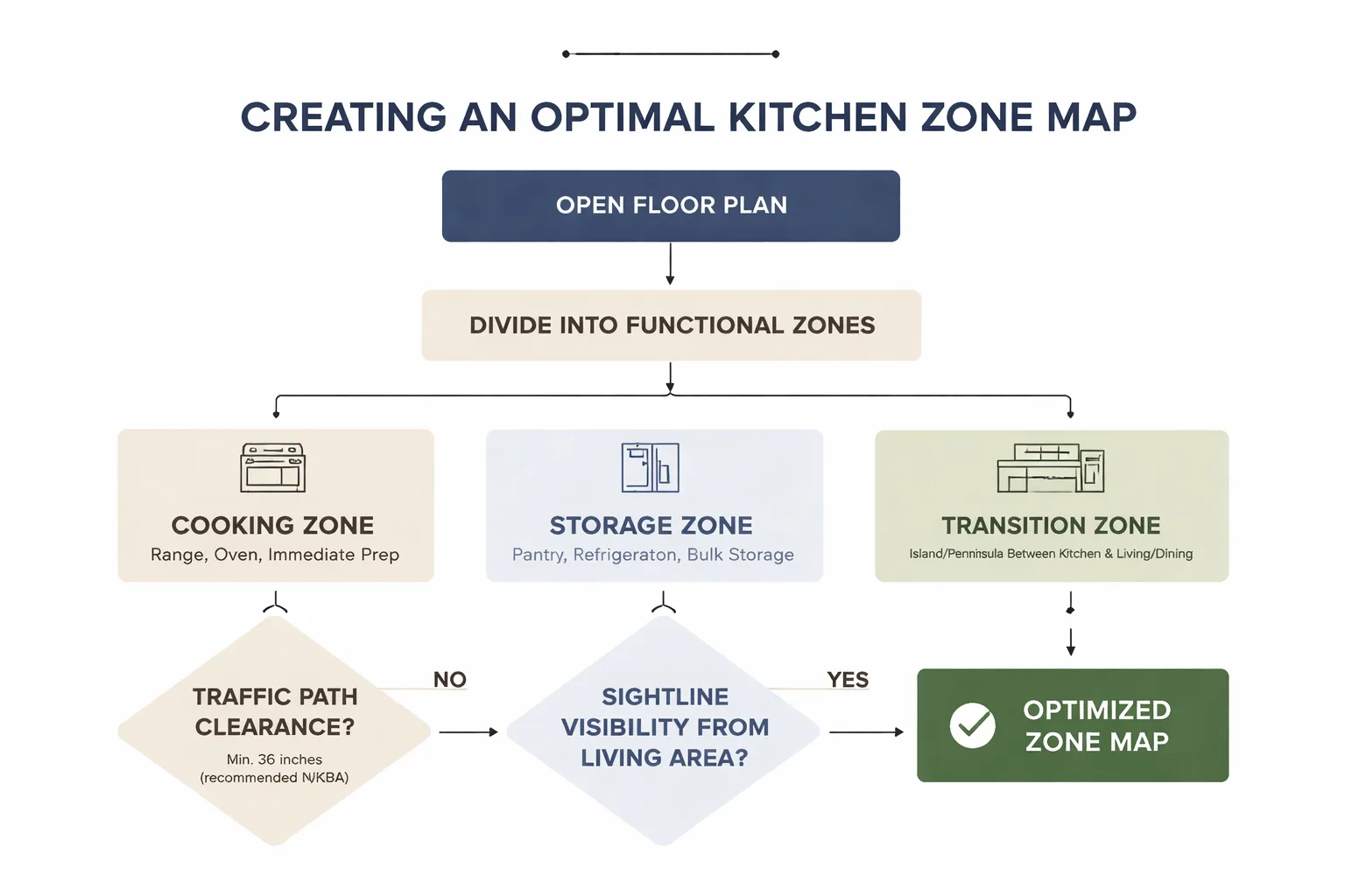 Three-zone kitchen mapping flowchart for open layouts