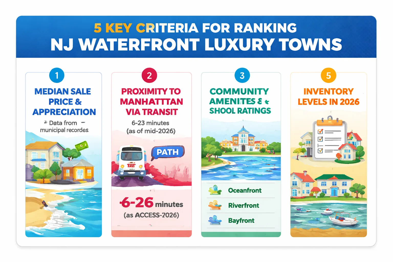 Comparison of 5 NJ waterfront luxury markets by price, appreciation, and commute