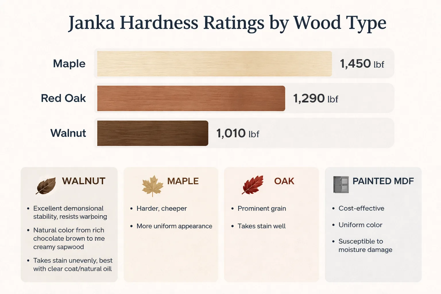Walnut vs maple vs oak vs MDF: hardness, grain, aging, price