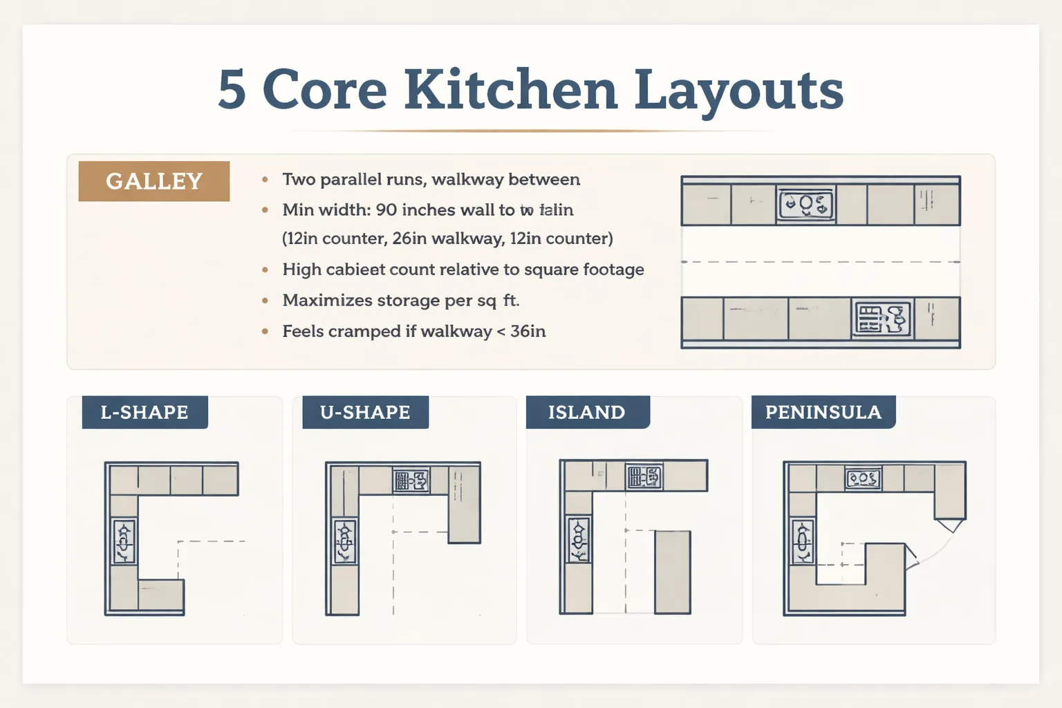 Five kitchen layouts compared by space, storage, and fit