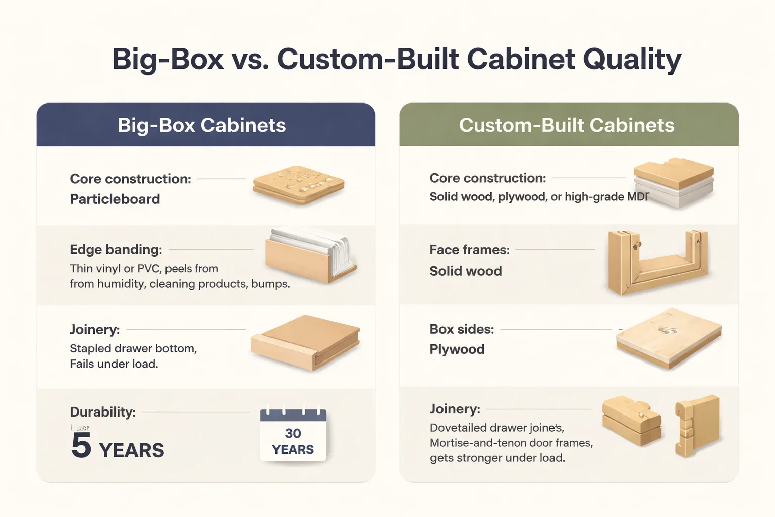 Custom vs. stock cabinet construction quality comparison