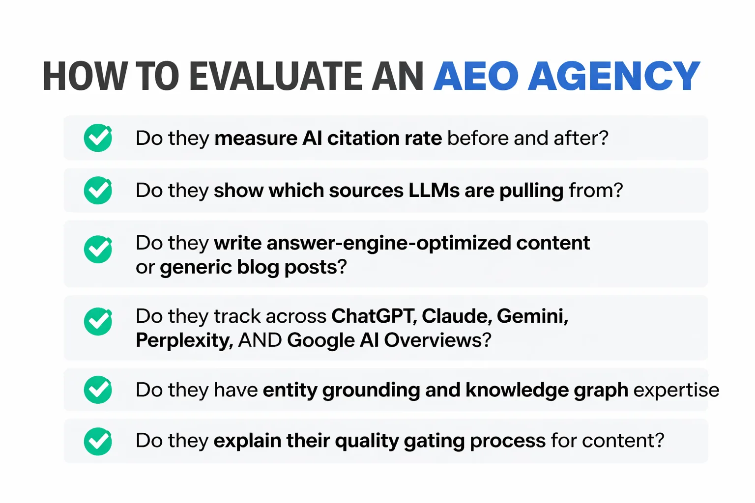 6-item checklist for evaluating an AEO agency