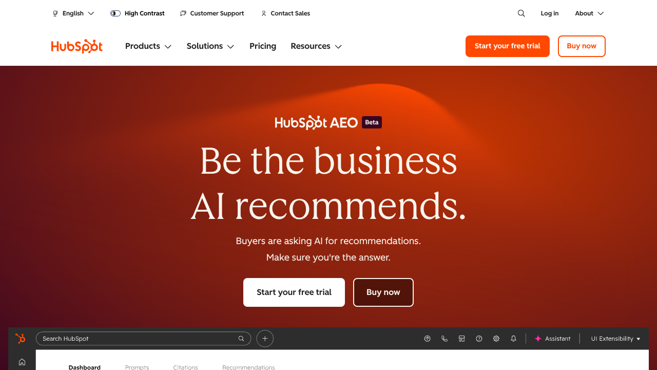 Screenshot of HubSpot AEO's landing page