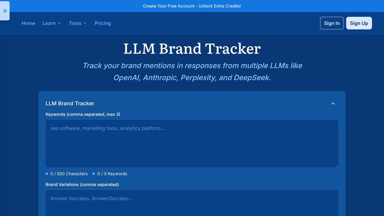 Screenshot of Answer Socrates LLM Brand Tracker's landing page