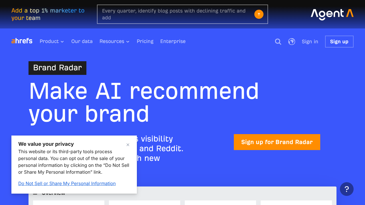 Screenshot of Ahrefs Brand Radar's landing page