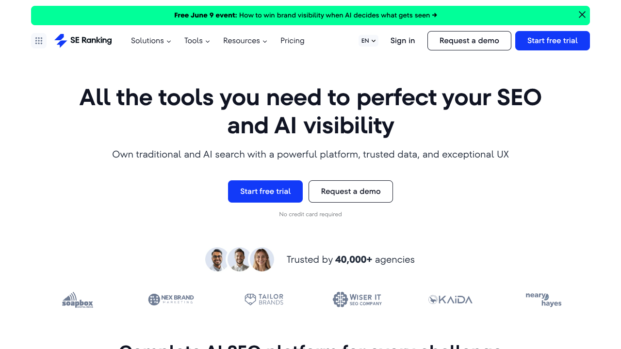 Screenshot of SE Ranking's landing page