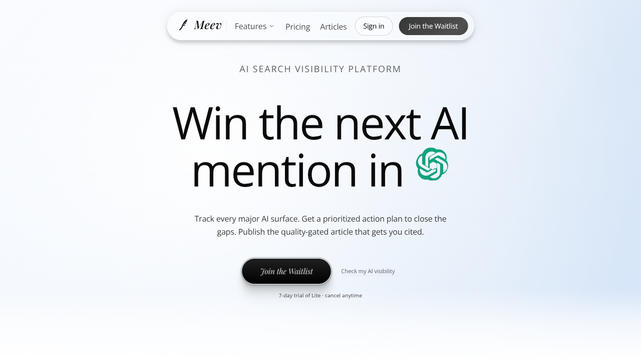 Screenshot of Meev's landing page