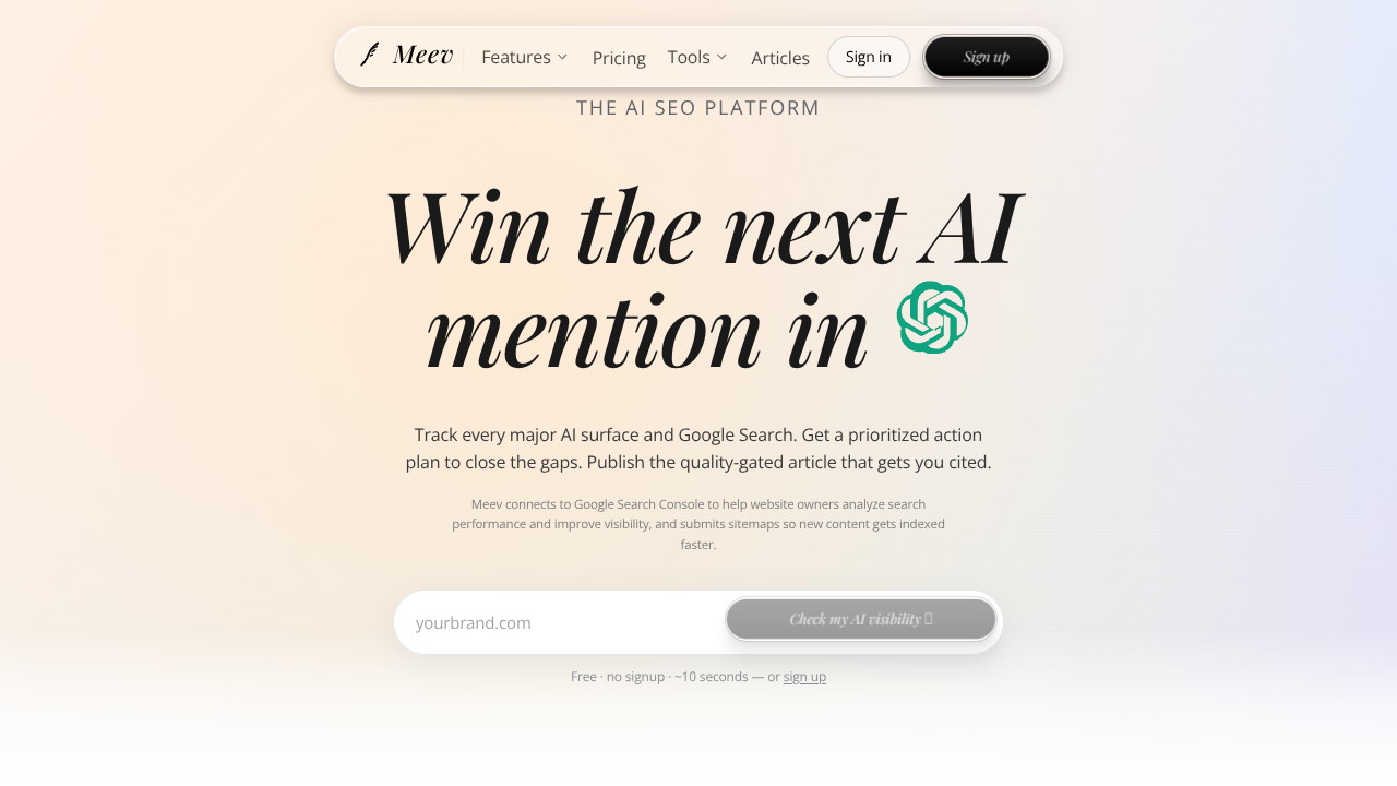 Screenshot of Meev's landing page