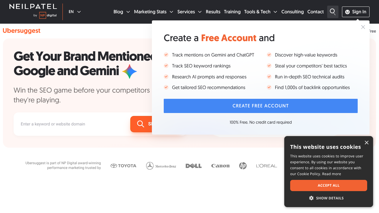 Screenshot of Ubersuggest's landing page