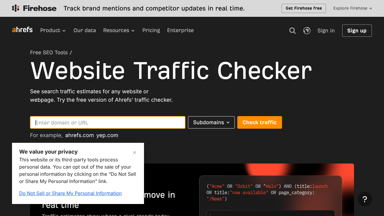 Screenshot of Ahrefs Website Traffic Checker's landing page