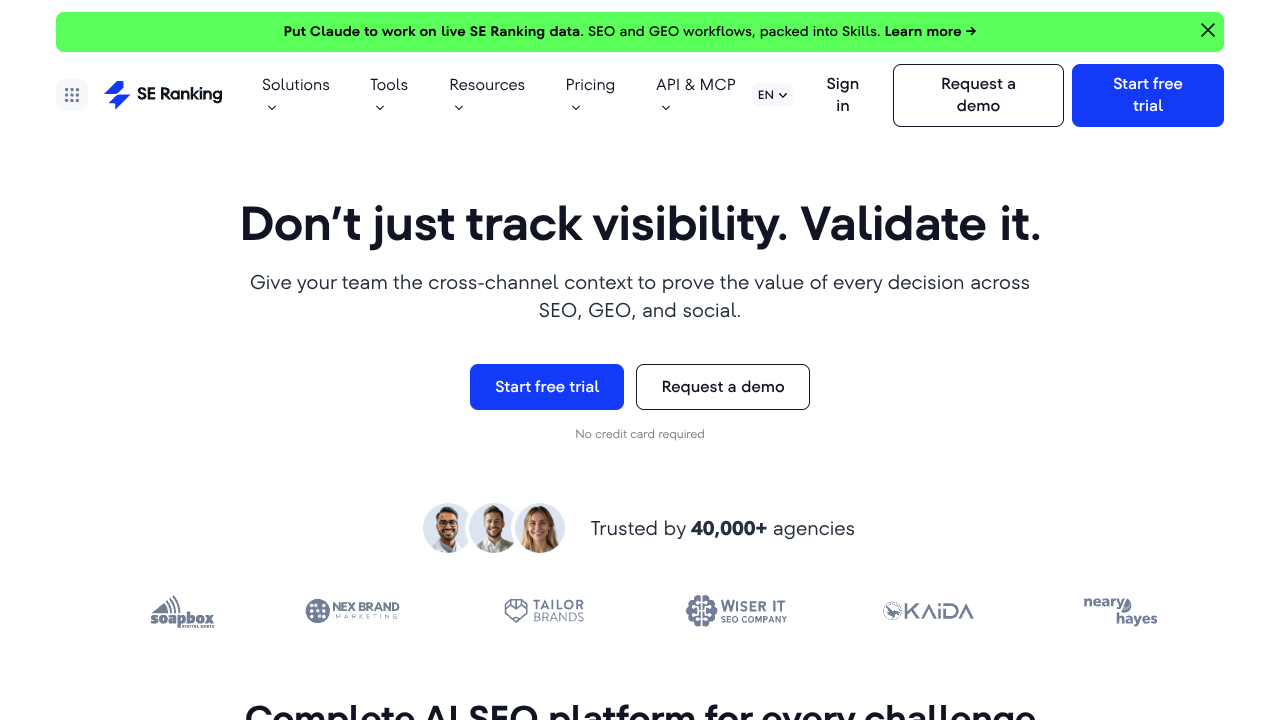 Screenshot of SE Ranking's landing page